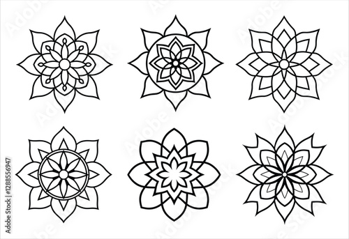 A set of six mandala vector line art designs. Simple collection. Isolated bundle on white background.
