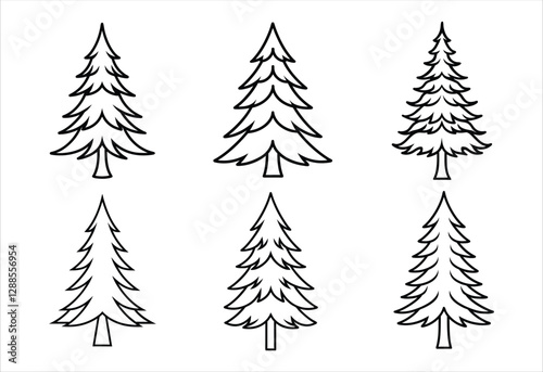 A set of six pine tree vector line art designs. Simple collection. Isolated bundle on white background.