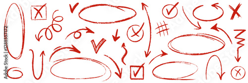 Red pencil hand drawn various oval, chalked arrows, check marks. Vector doodle marker drawing. Hand drawn charcoal symbols for diagrams. Freehand grunge red strikethrough and underline elements
