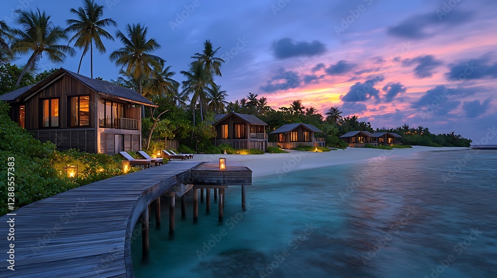 Obraz premium Tropical beach huts at sunset