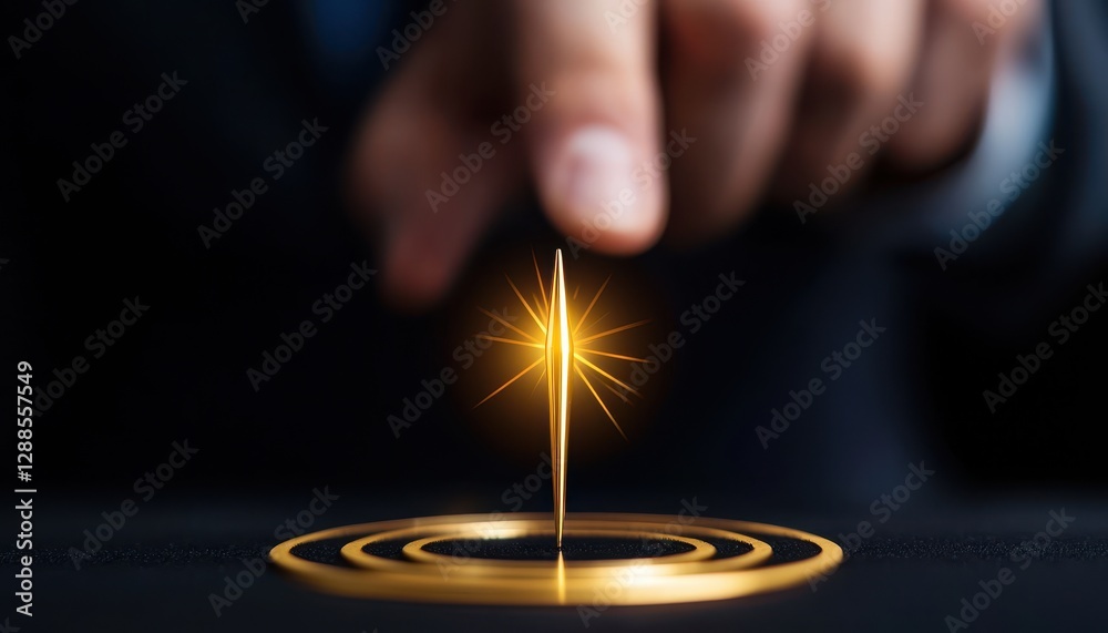 Obraz premium A hand pointing at a glowing golden spark on a dark surface, symbolizing innovation.