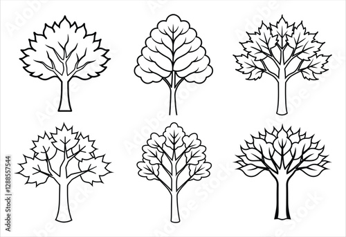 A set of six tree vector line art designs. Simple collection. Isolated bundle on white background.