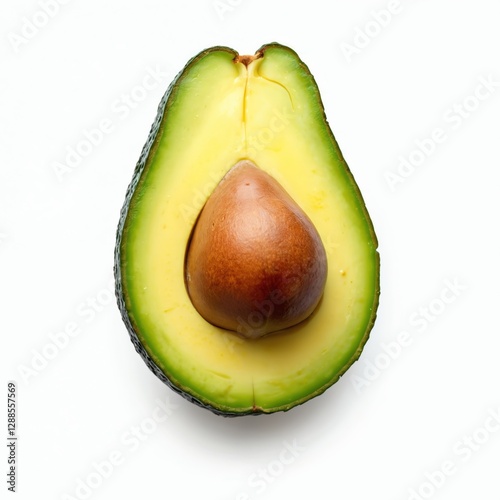 Halved avocado with pit on transparent backdrop. Green, yellow colors. Fresh healthy ingredient, organic diet nutrition, vegetarian, vegan eating. Macro topview for clip art, food packaging, recipe