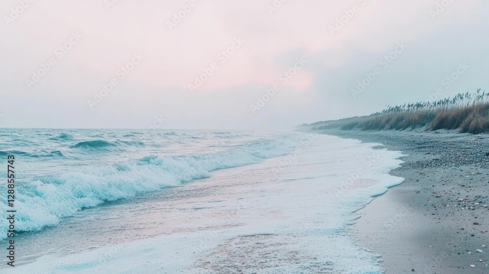 Naklejka premium Serene coastal sunrise, gentle waves lapping sandy shore, misty background, travel brochure