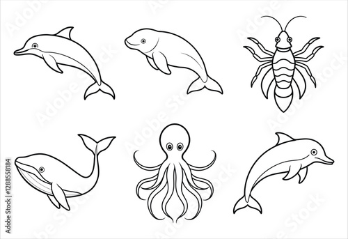 A set of six sea animal vector line art designs. Simple collection. Isolated bundle on white background.