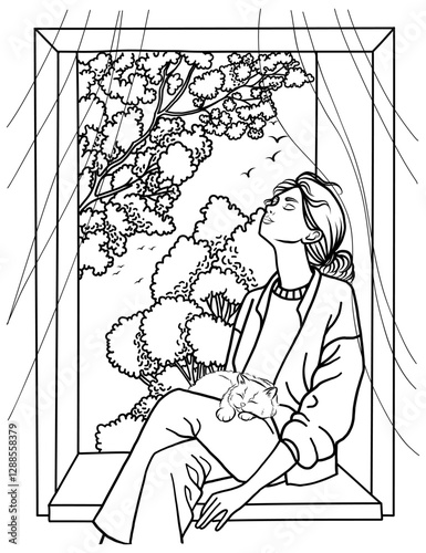 Spring coloring page with girl at the open window, isolated vector illustration, black silhouette on white background, template for coloring book for adult . Vector illustration. 