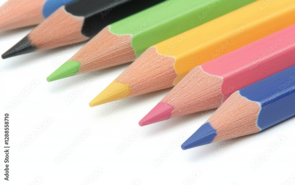 Bright colored pencils lined up in vibrant hues on a white backdrop.