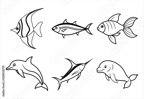 A set of six sea animal vector line art designs. Simple collection. Isolated bundle on white background.