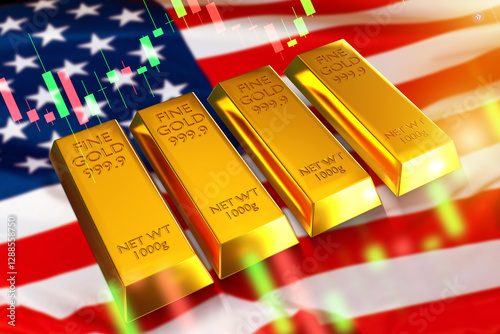 Fine gold. USA flag. Rising...