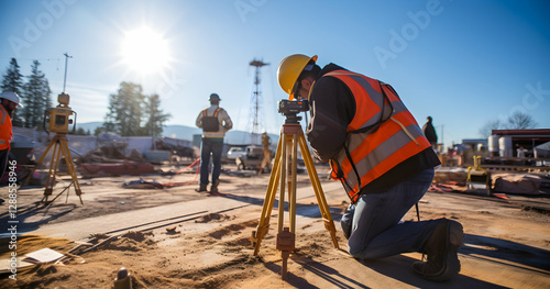 Construction workers use surveying equipment on a sunny day at a construction site, focusing on measurements and site preparation for a new building project