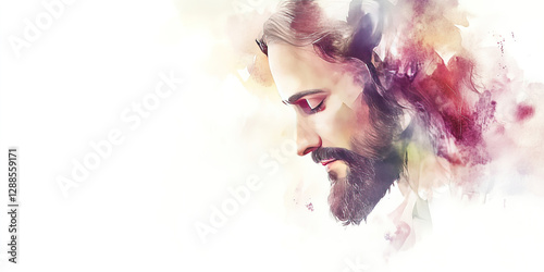 A delicate watercolor painting of Jesus, with soft pastel washes blending into the paper, creating a luminous and peaceful presence, with copy space
