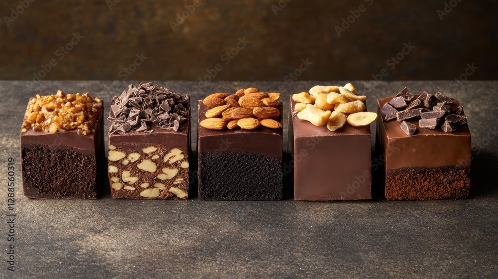 A selection of rich, handcrafted gourmet chocolates, topped with nuts and shavings, elegantly displayed on a bakery counter. A selection of rich, handcrafted gourmet chocolates, topped with nuts and shavings, elegantly displayed on a bakery counter.