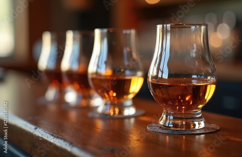 Whiskey flight tasting experience at bar counter. Blurred background accentuates golden liquor in glasses. Strong scotch, bourbon spirit for party, enjoy aroma, favor of distillery tour.