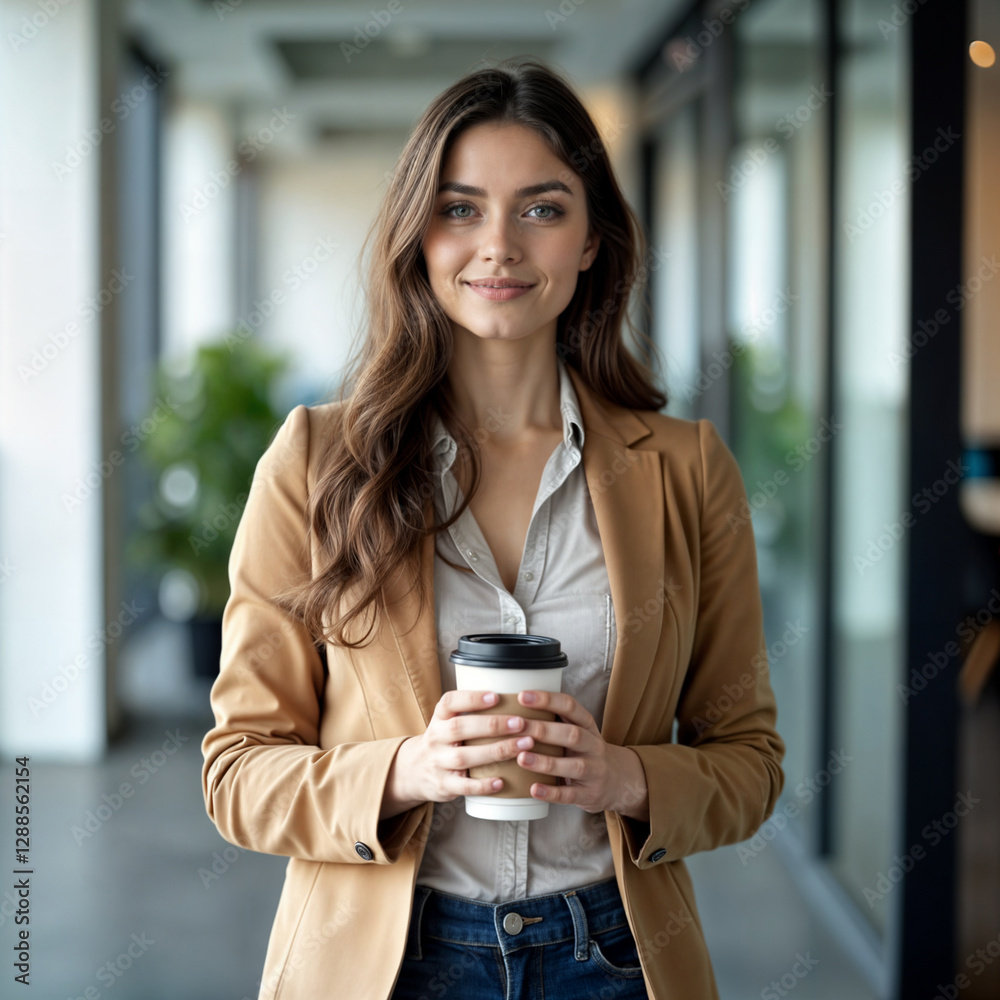 Fototapeta premium Young woman in a tan blazer holding a coffee cup in a well-lit office corridor.