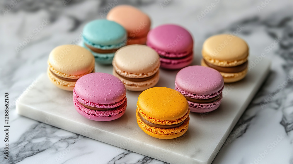 Fototapeta premium Vibrant Macarons Displayed on Marble Tray