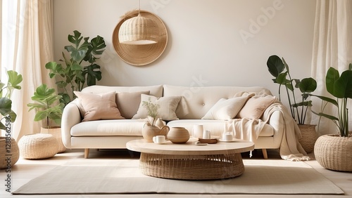 A cozy living room with neutral tones features a beige sofa adorned with textured and patterned throw pillows