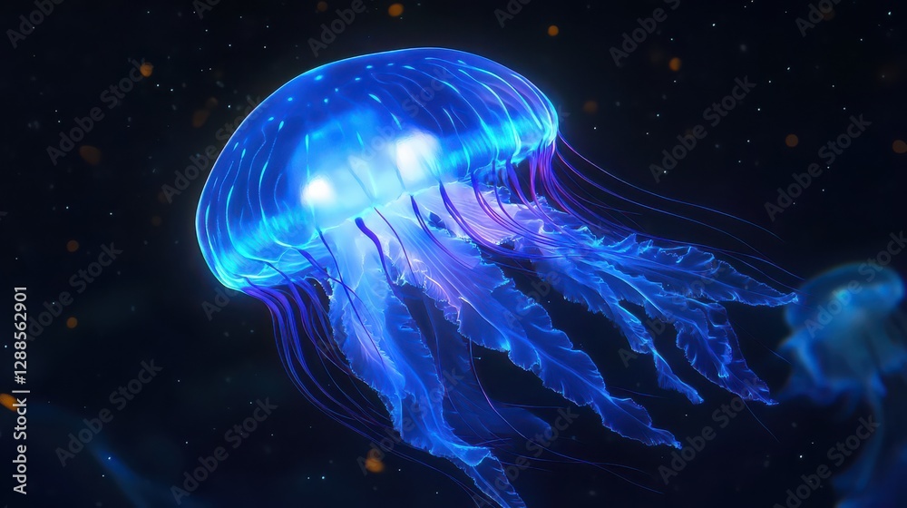 Obraz premium A bright, bioluminescent jellyfish floating serenely in the dark depths of the ocean, glowing in soft blues and purples.