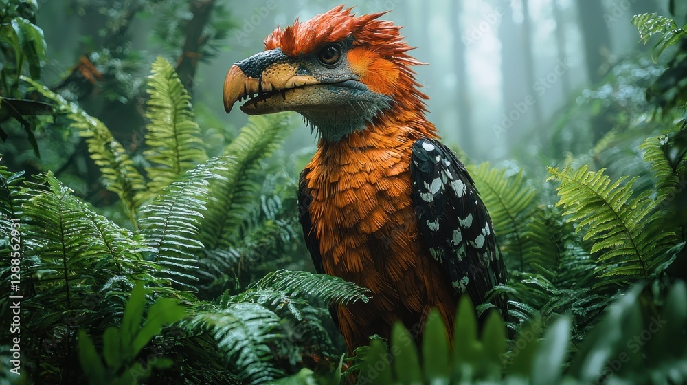 Fototapeta premium Forest Bird Perched Among Ferns, Looking Left in Lush Jungle Habitat