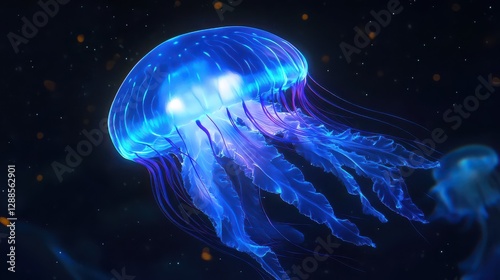 A bright, bioluminescent jellyfish floating serenely in the dark depths of the ocean, glowing in soft blues and purples.