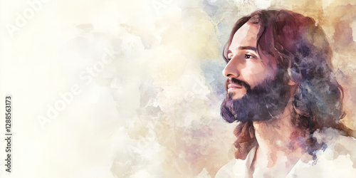 A delicate watercolor painting of Jesus, with soft pastel washes blending into the paper, creating a luminous and peaceful presence, with copy space