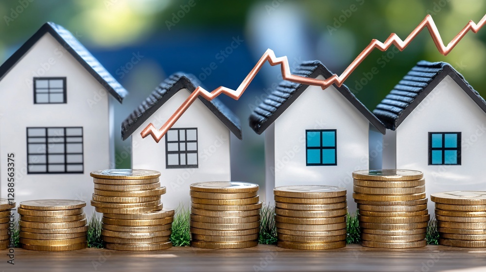 Rising house prices, coins, graph, outdoor background, real estate Rising house prices, coins, graph, outdoor background, real estate