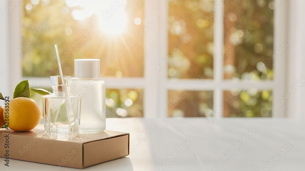 Glass bottles with essential oils and fresh citrus fruit placed on a table by a sunlit window enhancing a serene and refreshing atmosphere, ideal for spa, home decor, or wellness themes Glass bottles with essential oils and fresh citrus fruit placed on a table by a sunlit window enhancing a serene and refreshing atmosphere, ideal for spa, home decor, or wellness themes