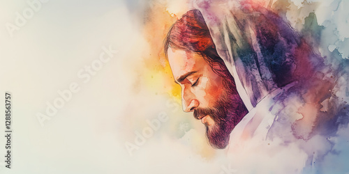 A delicate watercolor painting of Jesus, with soft pastel washes blending into the paper, creating a luminous and peaceful presence, with copy space