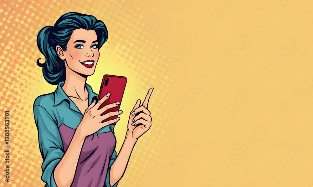Confident Woman with Smartphone Pointing in Pop Art Style with Dotted Background Confident Woman with Smartphone Pointing in Pop Art Style with Dotted Background