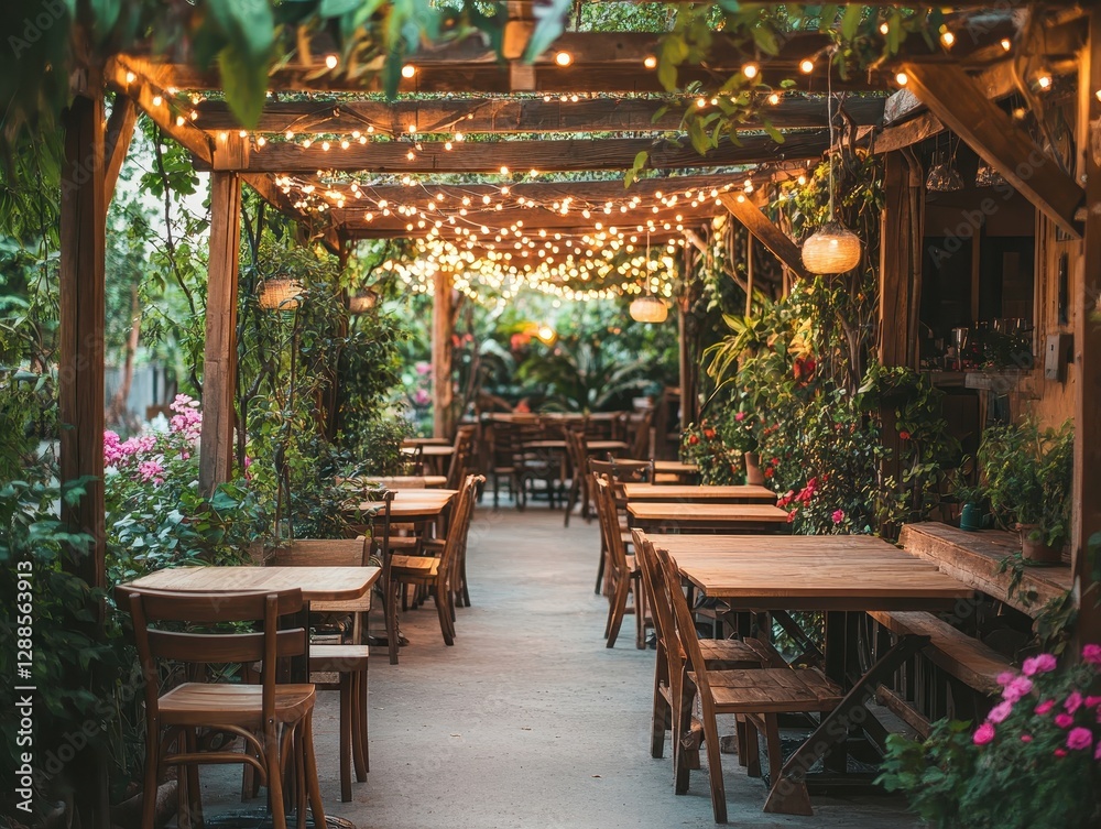 Obraz premium Enchanting Outdoor Restaurant at Night: Serene Garden Dining Under String Lights
