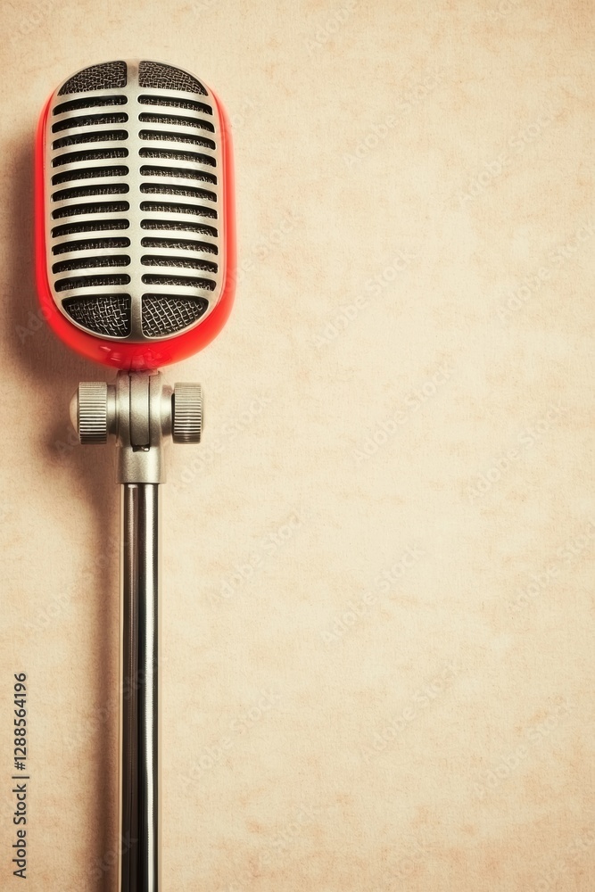 Fototapeta premium vintage retro microphone in red and silver design.