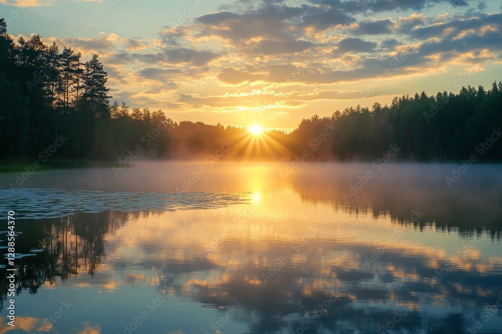 Serene summer sunrise over misty lake surrounded by forest with brilliant sun star reflections Serene summer sunrise over misty lake surrounded by forest with brilliant sun star reflections