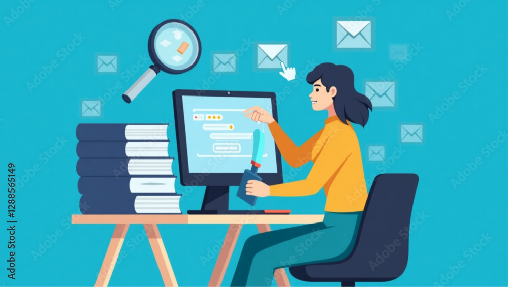 Woman Deleting Unnecessary Files, Cleaning Digital Memory, Removing Spam Emails, Concept of Data Management Woman Deleting Unnecessary Files, Cleaning Digital Memory, Removing Spam Emails, Concept of Data Management
