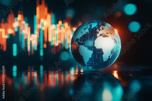 Abstract digital background featuring a glowing blue globe and stock market graph for global finance