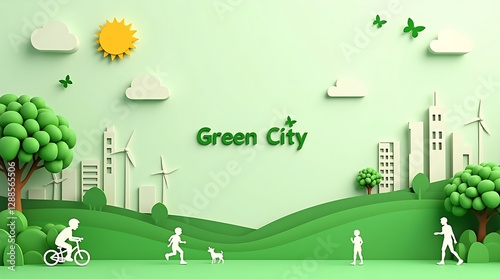 A paper-cut style digital illustration of a green cityscape with trees, wind turbines, people, and a bright sun, promoting eco-friendliness and sustainable living.