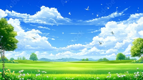 Bright Sunny Day Landscape with Lush Green Field and Blue Sky