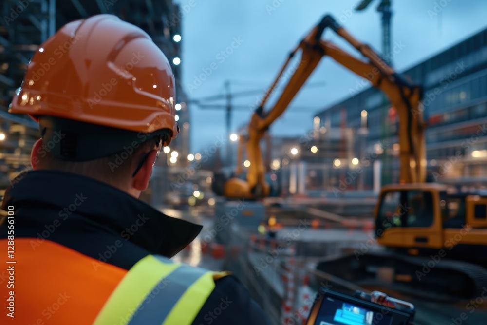 A construction worker wearing a safety helmet and vest monitors a construction site equipped with various machinery, showcasing a blend of modern industry and safety practices. A construction worker wearing a safety helmet and vest monitors a construction site equipped with various machinery, showcasing a blend of modern industry and safety practices.