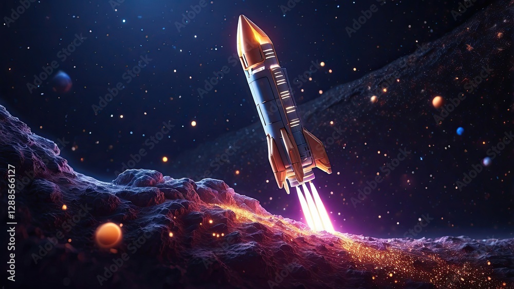 Naklejka premium Digital illustration of a rocket made of glowing orange geometric lines and points