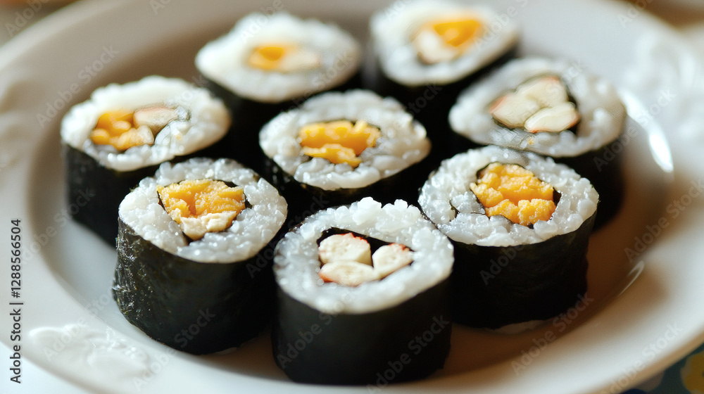 Exquisite Sushi Rolls Platter with Soy Sauce, Wasabi, and Pickled Ginger - Japanese Cuisine Delicacy Exquisite Sushi Rolls Platter with Soy Sauce, Wasabi, and Pickled Ginger - Japanese Cuisine Delicacy