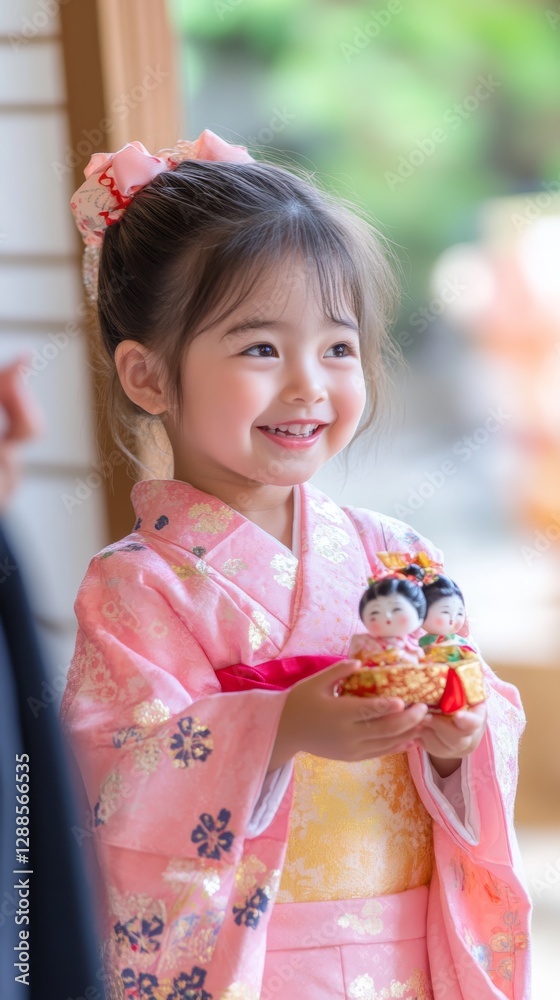 Adorable Japanese Girl Celebrating Hinamatsuri Festival with Hina Doll and Mother in Kimono Adorable Japanese Girl Celebrating Hinamatsuri Festival with Hina Doll and Mother in Kimono