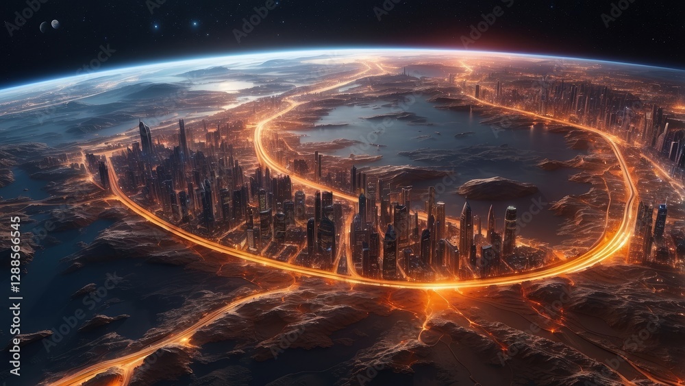 Obraz premium A view of Earth from space at night with illuminated cities connected by bright orange lines representing data connections and network activity.