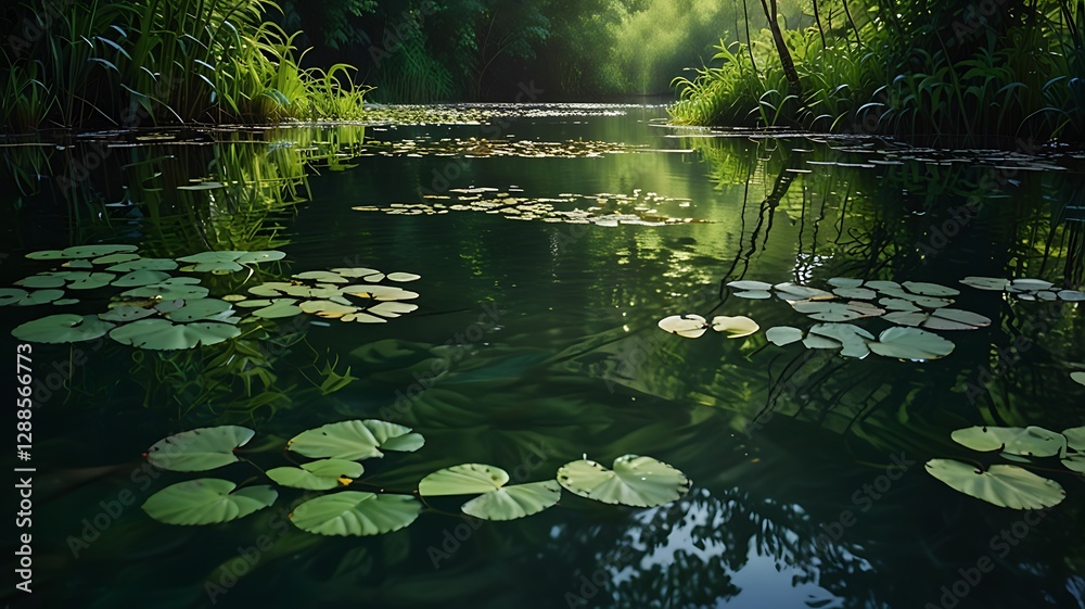 Serene Green Pond With Lily Pads And Lush Vegetation Serene Green Pond With Lily Pads And Lush Vegetation