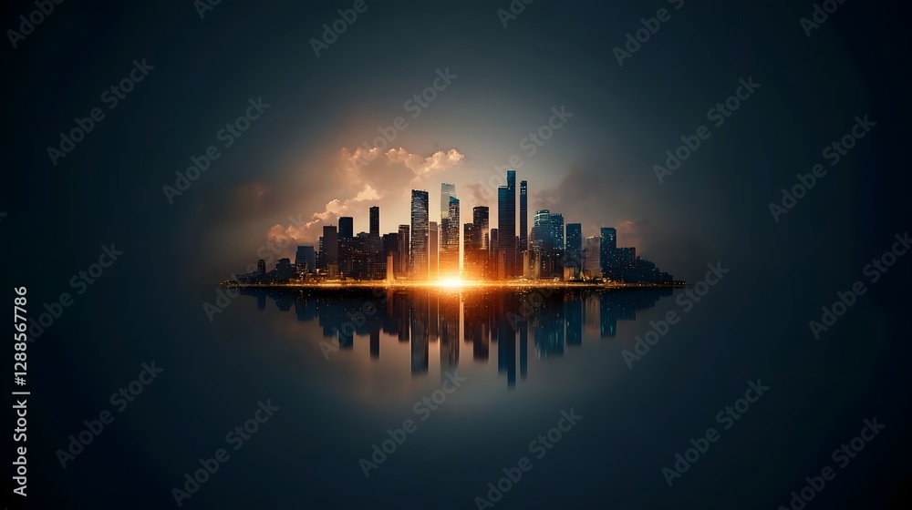 Fototapeta premium Dramatic and Futuristic Night Cityscape with Glowing Skyscrapers and Lights Reflecting Symmetrically on the Calm Water Surface Creating a Serene and Peaceful Atmosphere