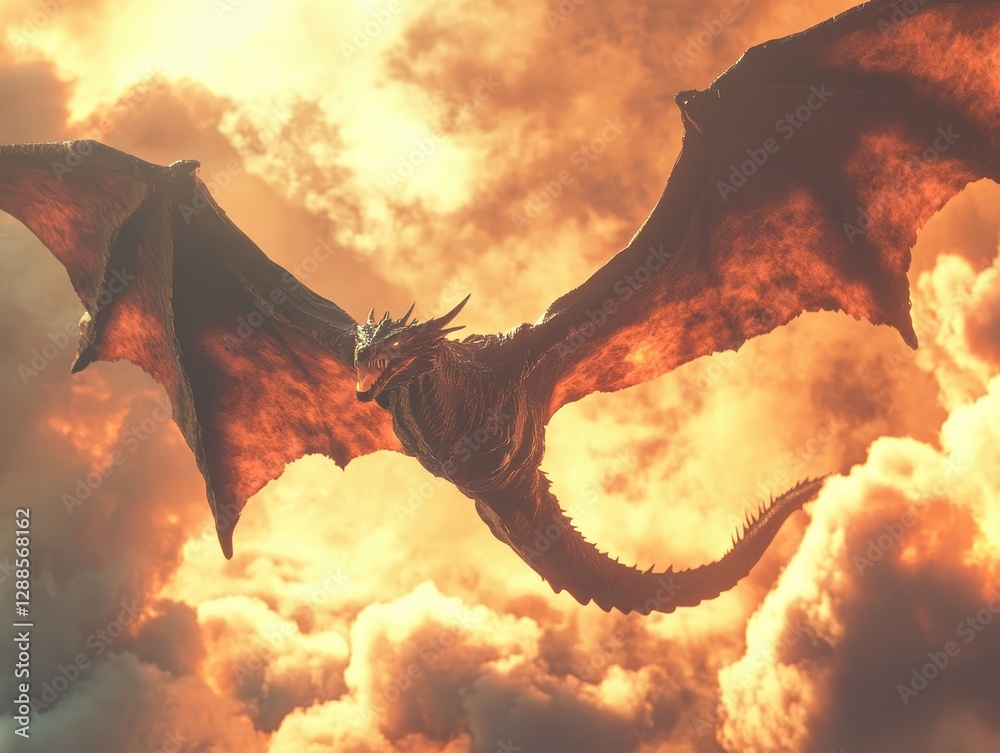 Fototapeta premium Majestic Dragon Soaring Through Fiery Skies: A Fantasy Artwork
