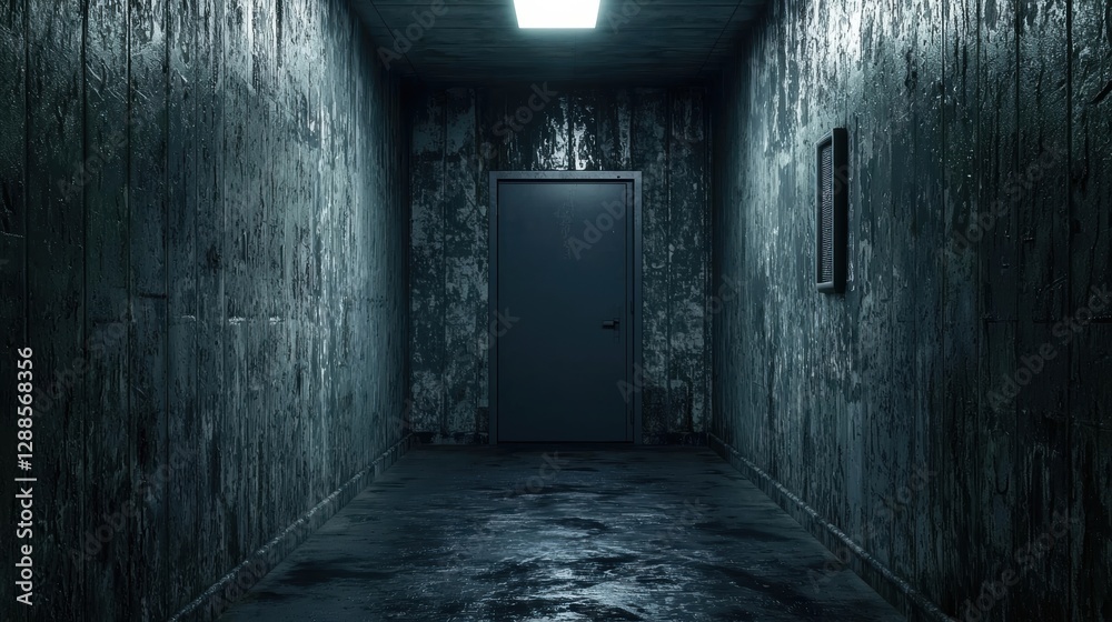 Obraz premium Empty room with rusted metal sheets and concrete walls, eerie atmosphere.