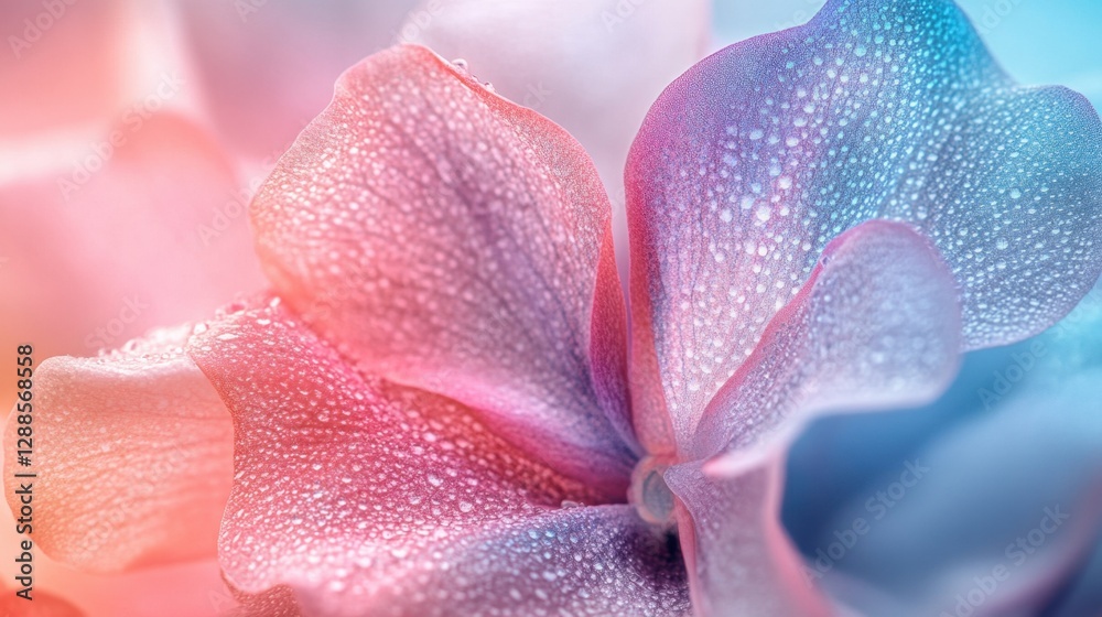 Fototapeta premium Close-up of a vibrant flower petal with dew drops, showcasing delicate textures and colors