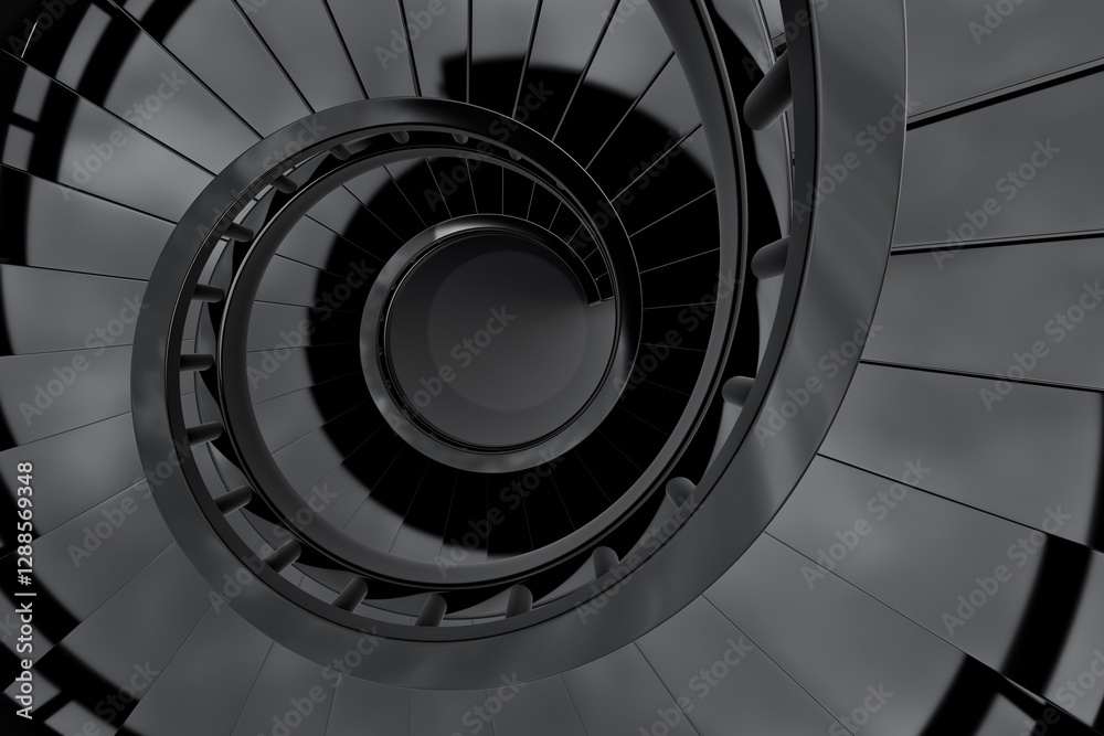 Fototapeta premium Mysterious black spiral staircase revealing abstract geometry in modern interior