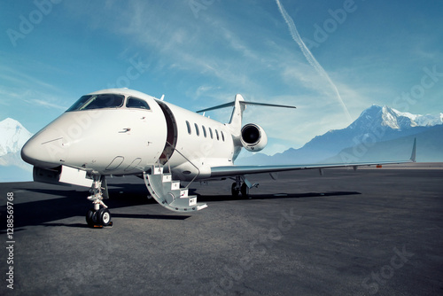 Φωτογραφία private jet airplane on the ground waiting to be boarded snowy mountains in the