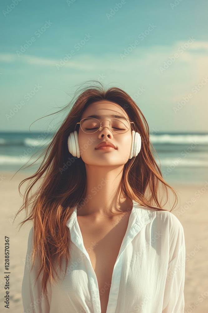 Stylish elegance with golden light reflecting on wind-swept hair and music
Stylish elegance with golden light reflecting on wind-swept hair and music