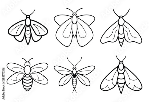 A set of six insect vector line art designs. Simple collection. Isolated bundle on white background.