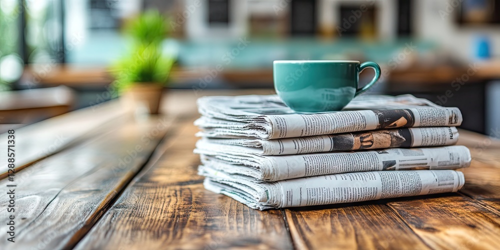 Coffee and newspapers on cafe table. Morning news, relaxing break
